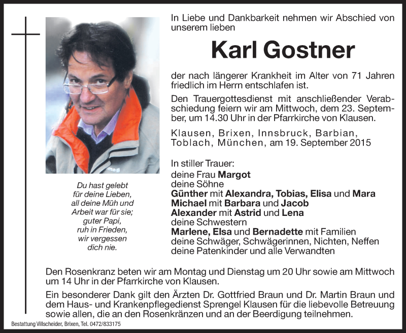  Traueranzeige für Karl Gostner vom 21.09.2015 aus Dolomiten