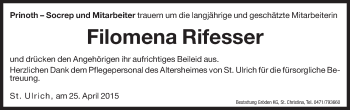 Traueranzeige von Filomena Rifesser von Dolomiten