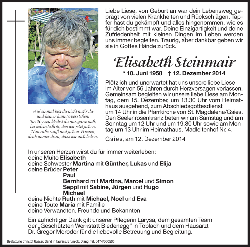  Traueranzeige für Elisabeth Steinmair vom 13.12.2014 aus Dolomiten