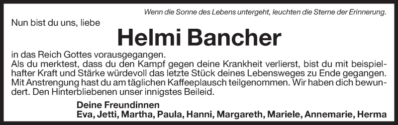  Traueranzeige für Helmi Bancher vom 05.11.2015 aus Dolomiten