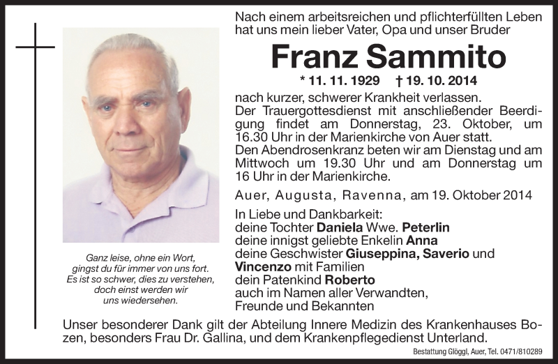  Traueranzeige für Franz Sammito vom 21.10.2014 aus Dolomiten