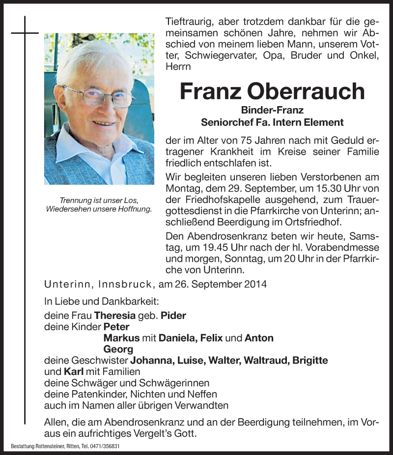  Traueranzeige für Franz Oberrauch vom 27.09.2014 aus Dolomiten