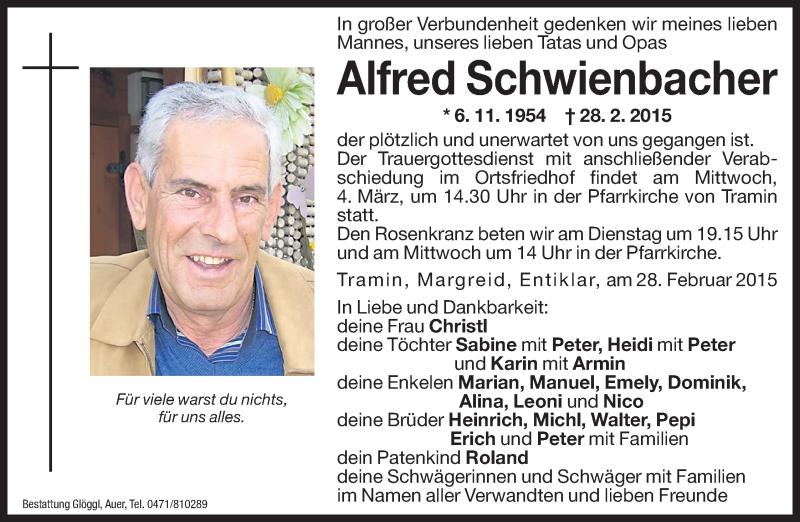  Traueranzeige für Alfred Schwienbacher vom 02.03.2015 aus Dolomiten