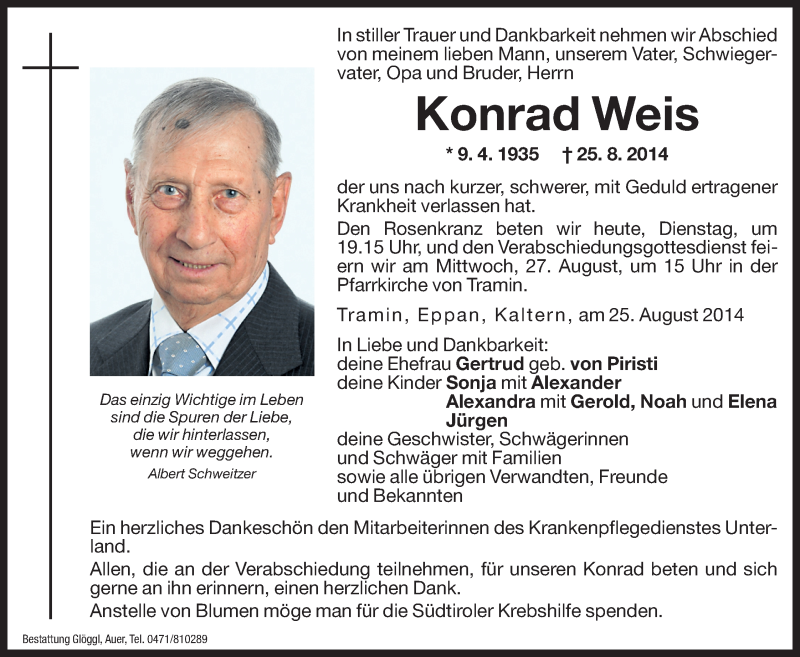  Traueranzeige für Konrad Weis vom 26.08.2014 aus Dolomiten