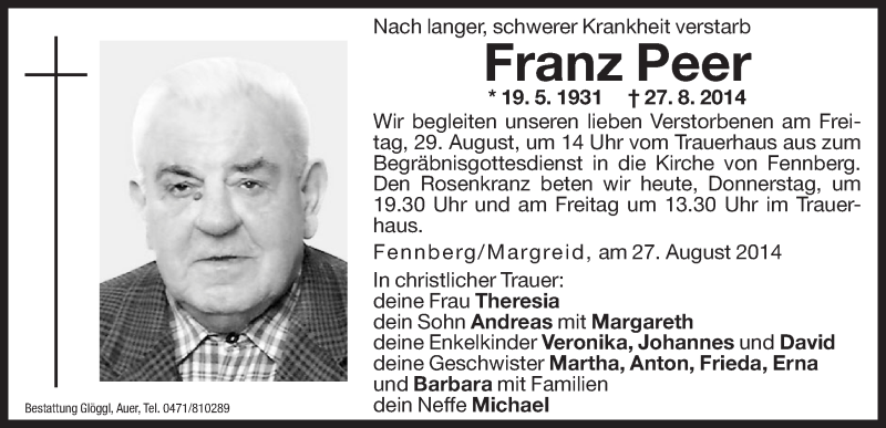  Traueranzeige für Franz Peer vom 28.08.2014 aus Dolomiten