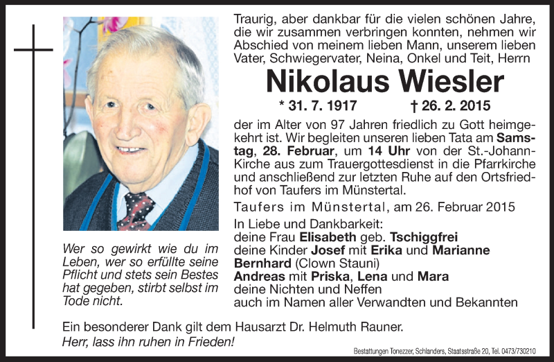  Traueranzeige für Nikolaus Wiesler vom 28.02.2015 aus Dolomiten