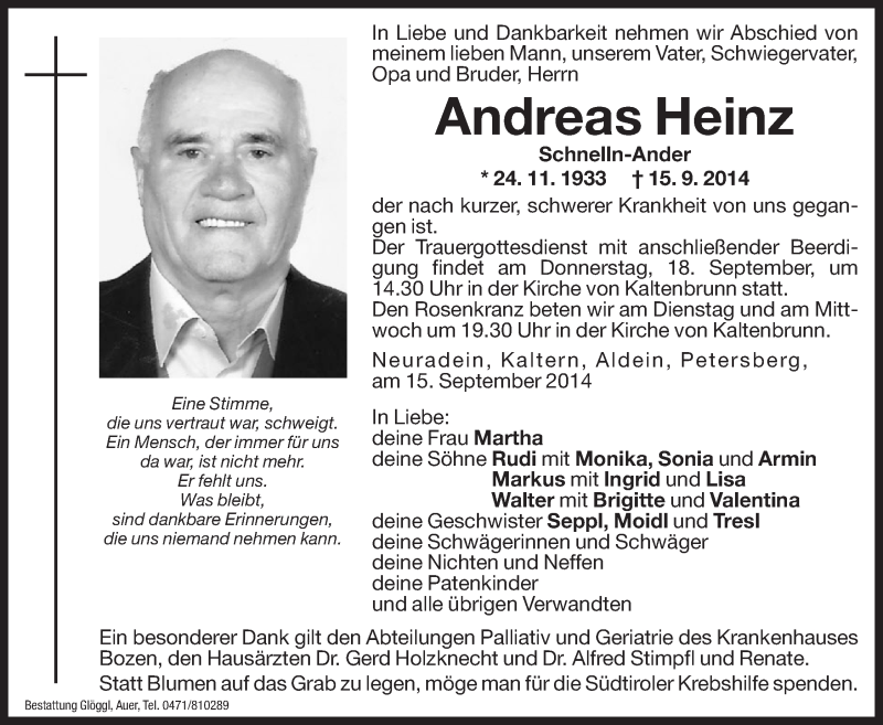  Traueranzeige für Andreas Heinz vom 16.09.2014 aus Dolomiten