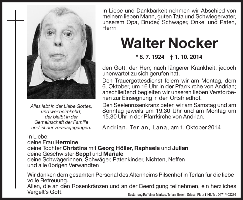  Traueranzeige für Walter Nocker vom 03.10.2014 aus Dolomiten