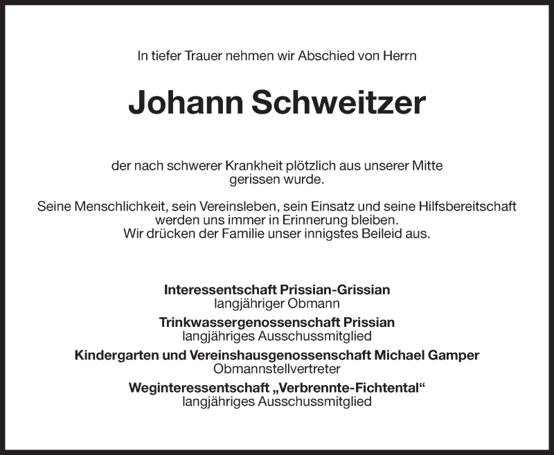  Traueranzeige für Johann Schweitzer vom 27.12.2014 aus Dolomiten