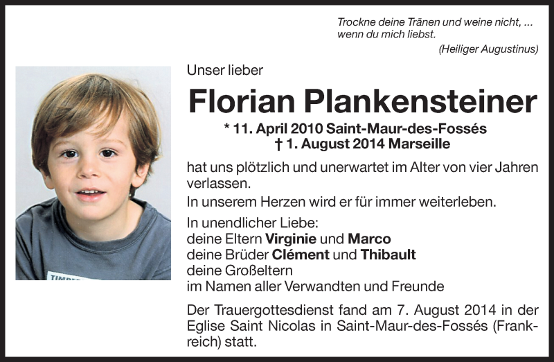  Traueranzeige für Florian Plankensteiner vom 21.08.2014 aus Dolomiten