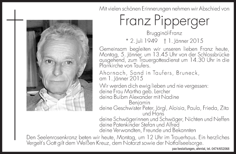  Traueranzeige für Franz Pipperger vom 05.01.2015 aus Dolomiten