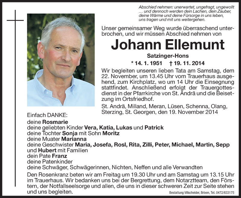  Traueranzeige für Johann Ellemunt vom 21.11.2014 aus Dolomiten