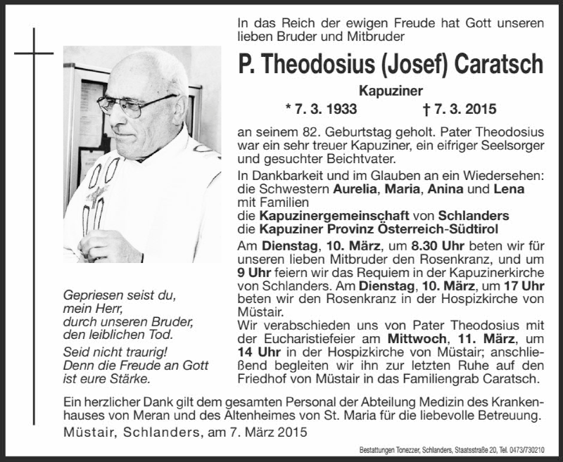  Traueranzeige für P. Theodosius Caratsch vom 09.03.2015 aus Dolomiten