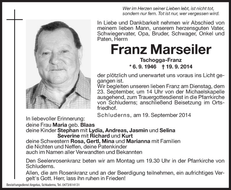  Traueranzeige für Franz Marseiler vom 22.09.2014 aus Dolomiten