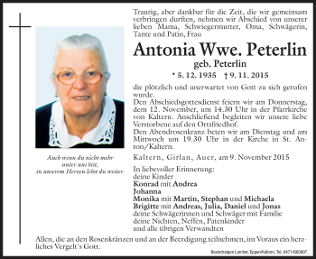 Traueranzeige von Antonia Peterlin von Dolomiten