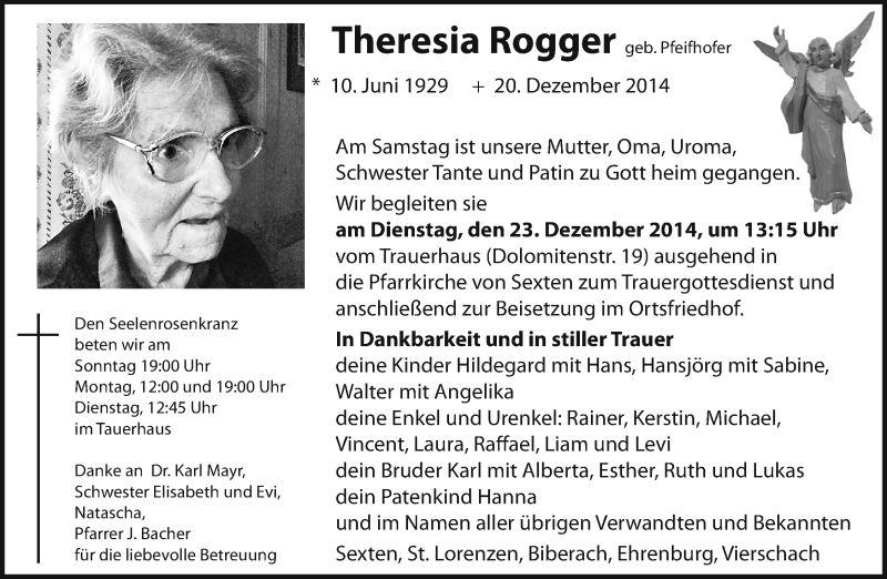  Traueranzeige für Theresia Rogger vom 22.12.2014 aus Dolomiten