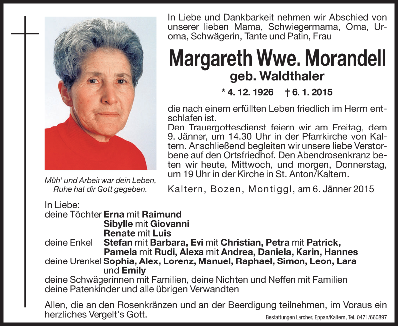  Traueranzeige für Margareth Waldthaler vom 07.01.2015 aus Dolomiten