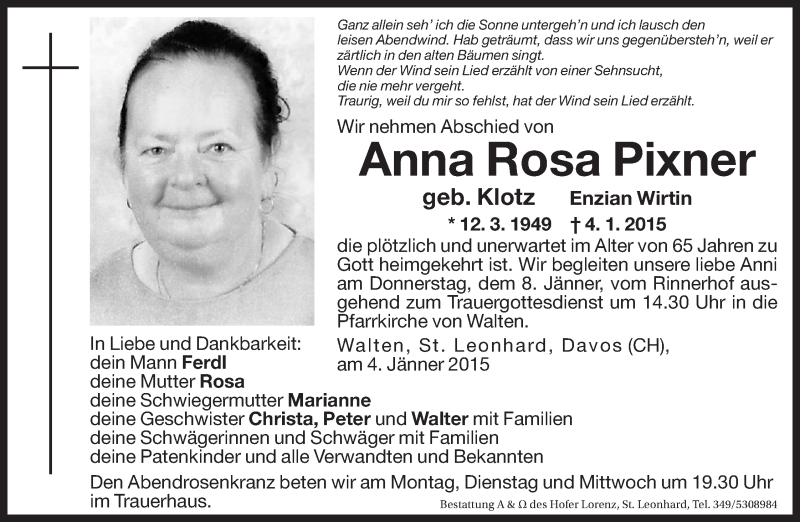  Traueranzeige für Anna Rosa Pixner vom 05.01.2015 aus Dolomiten