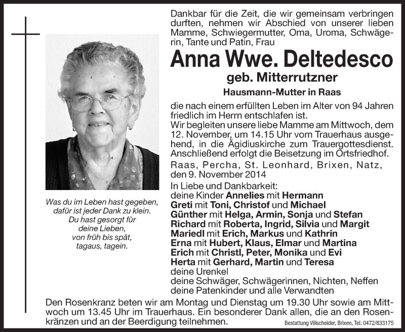  Traueranzeige für Anna Deltedesco vom 10.11.2014 aus Dolomiten