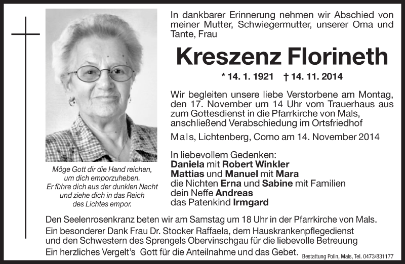  Traueranzeige für Kreszenz Florineth vom 15.11.2014 aus Dolomiten