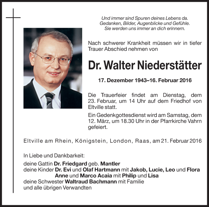  Traueranzeige für Walter Niederstätter vom 23.02.2016 aus Dolomiten