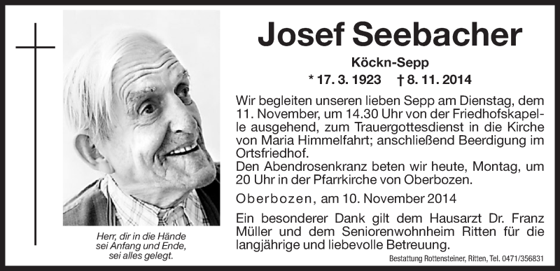  Traueranzeige für Josef Seebacher vom 10.11.2014 aus Dolomiten