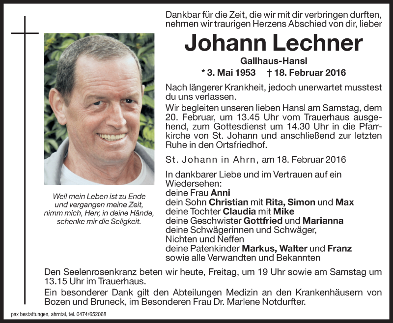  Traueranzeige für Johann Lechner vom 19.02.2016 aus Dolomiten