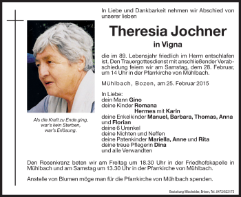 Traueranzeige von Theresia Jochner von Dolomiten