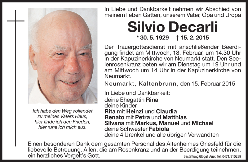  Traueranzeige für Silvio Decarli vom 16.02.2015 aus Dolomiten