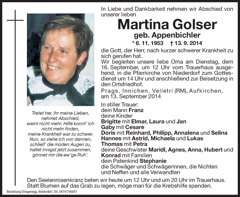 Traueranzeige für Martina Golser vom 15.09.2014 aus Dolomiten