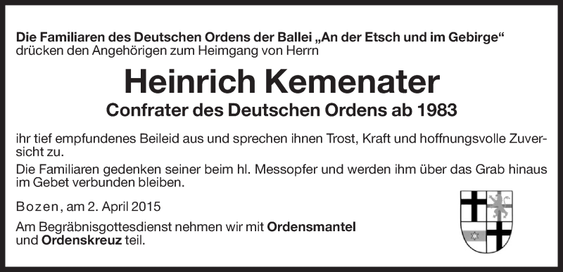  Traueranzeige für Heinrich Kemenater vom 04.04.2015 aus Dolomiten