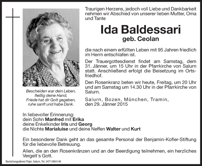  Traueranzeige für Ida Baldessari vom 30.01.2015 aus Dolomiten