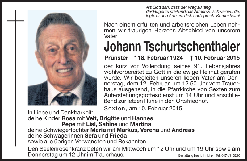  Traueranzeige für Johann Tschurtschenthaler vom 11.02.2015 aus Dolomiten