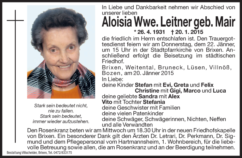  Traueranzeige für Aloisia Leitner vom 21.01.2015 aus Dolomiten