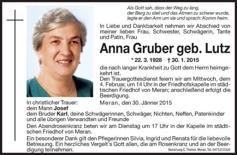  Traueranzeige für Anna Gruber vom 02.02.2015 aus Dolomiten