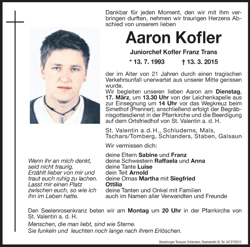  Traueranzeige für Aaron Kofler vom 16.03.2015 aus Dolomiten