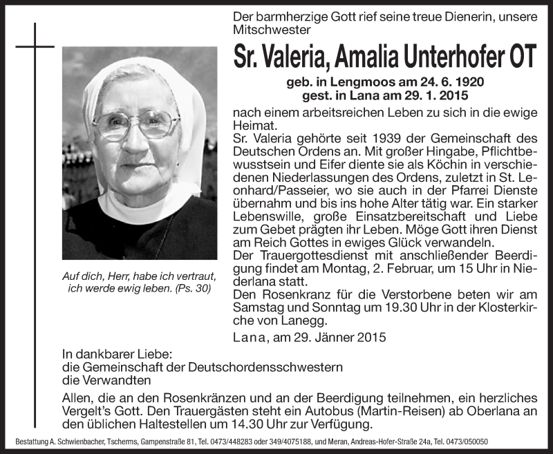  Traueranzeige für Amalia Unterhofer vom 31.01.2015 aus Dolomiten