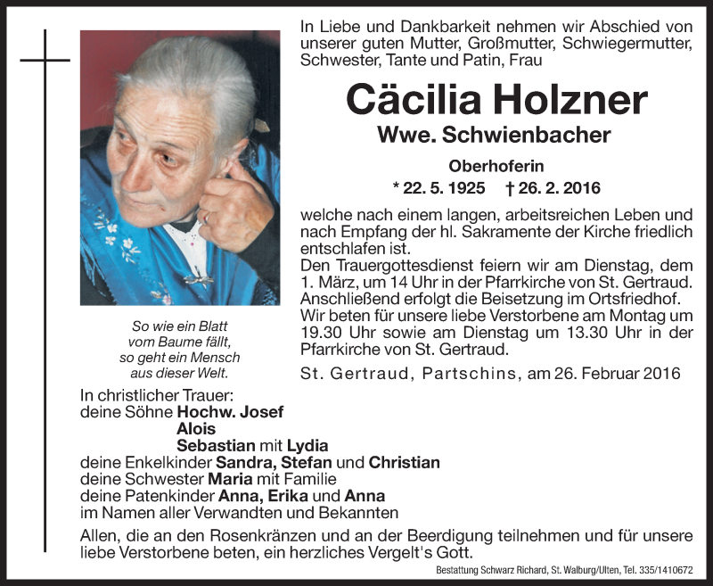  Traueranzeige für Cäcilia Schwienbacher vom 29.02.2016 aus Dolomiten