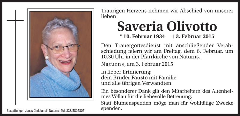  Traueranzeige für Saveria Olivotto vom 05.02.2015 aus Dolomiten