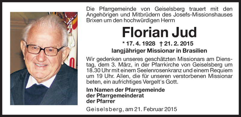  Traueranzeige für Florian Jud vom 27.02.2015 aus Dolomiten