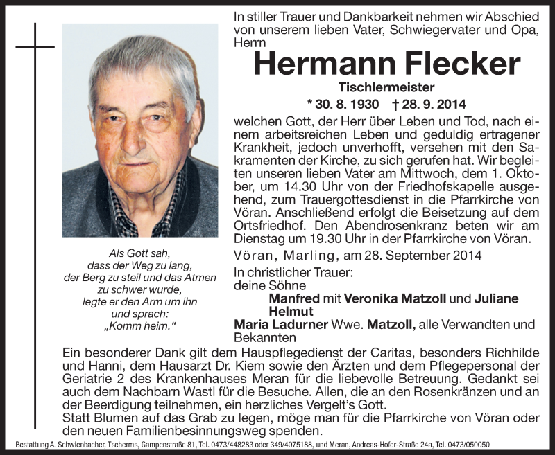  Traueranzeige für Hermann Flecker vom 30.09.2014 aus Dolomiten