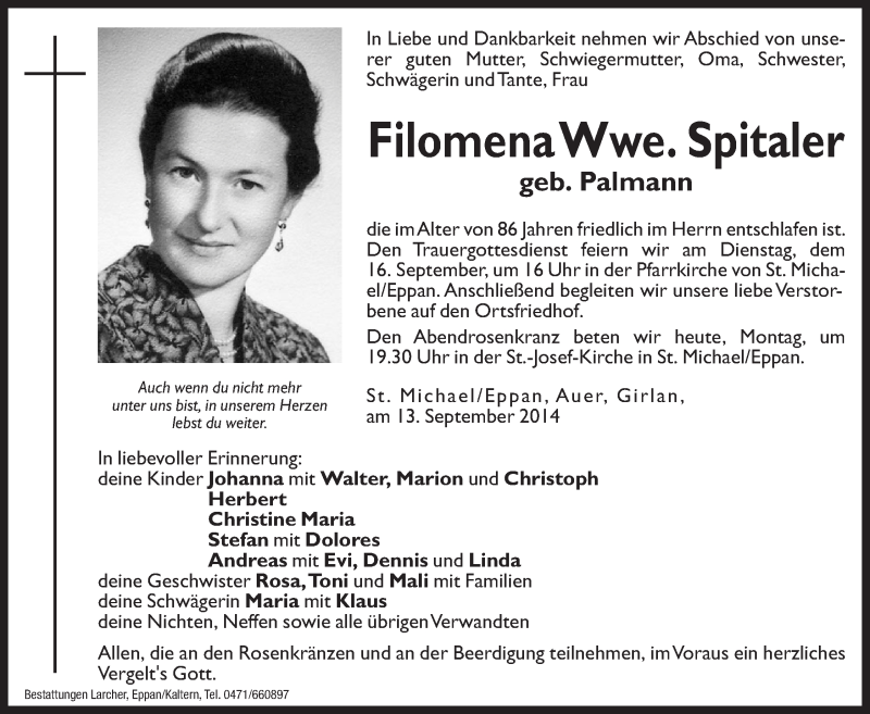  Traueranzeige für Filomena Spitaler vom 15.09.2014 aus Dolomiten