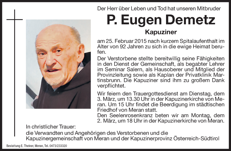  Traueranzeige für P. Eugen Demetz vom 27.02.2015 aus Dolomiten