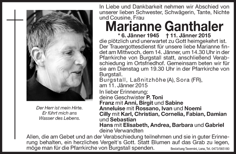  Traueranzeige für Marianne Ganthaler vom 13.01.2015 aus Dolomiten