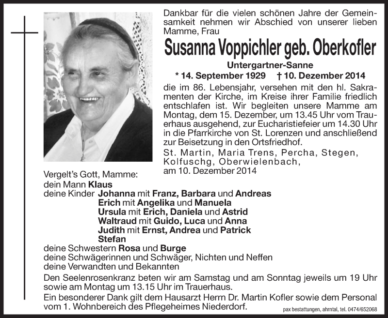  Traueranzeige für Susanna Voppichler vom 13.12.2014 aus Dolomiten