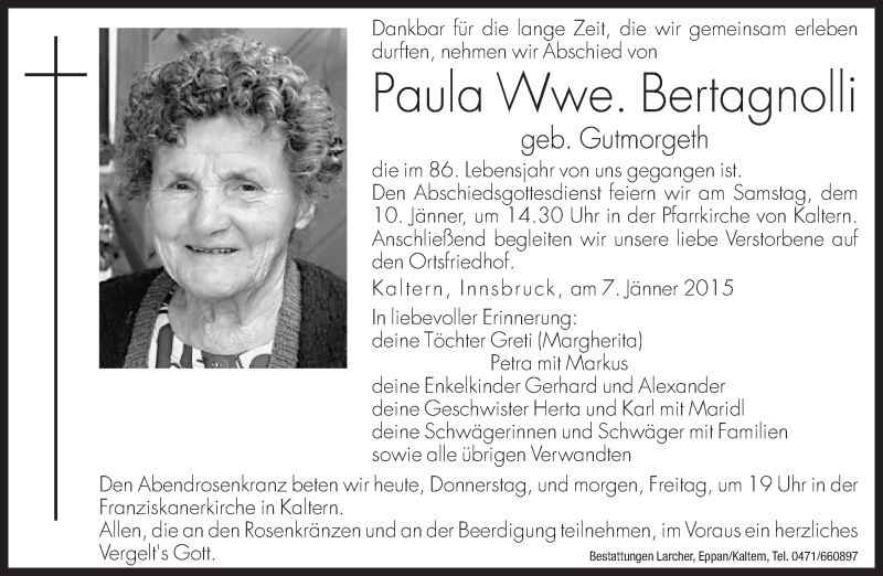  Traueranzeige für Paula Bertagnolli vom 08.01.2015 aus Dolomiten