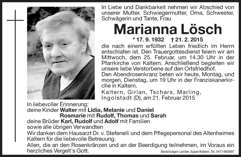  Traueranzeige für Marianna Lösch vom 23.02.2015 aus Dolomiten