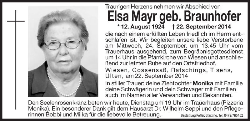  Traueranzeige für Elsa Mayr vom 23.09.2014 aus Dolomiten