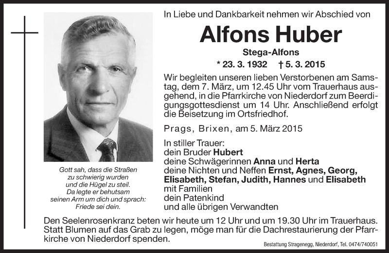  Traueranzeige für Alfons Huber vom 06.03.2015 aus Dolomiten