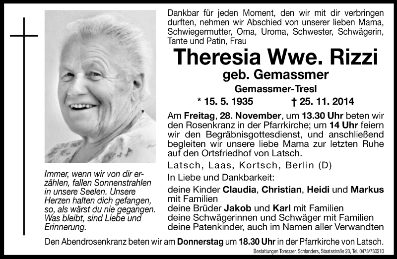  Traueranzeige für Theresia Rizzi vom 27.11.2014 aus Dolomiten